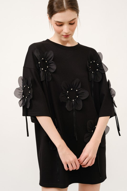 3d Floral Applique Oversized T-shirt Mini Dress