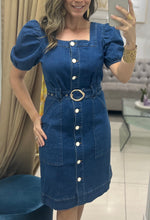 Load image into Gallery viewer, GRACIA-Puffed Sleeve Square Neck Button-Down Denim Dress