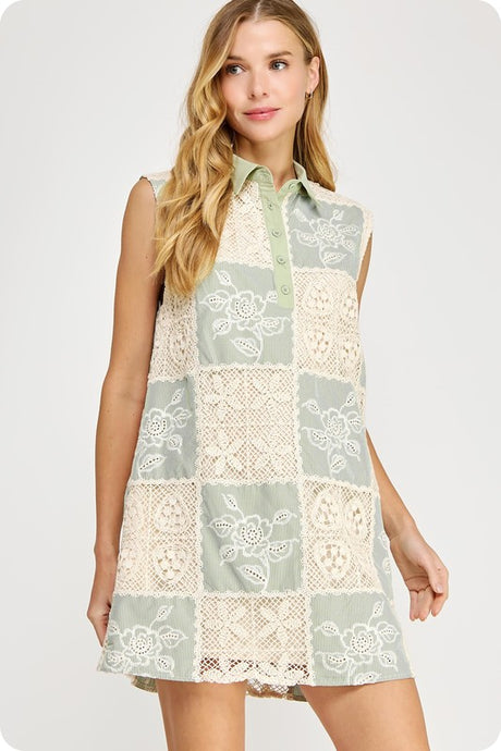 Checkered Patchwork Crochet Mini Dress