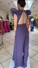 Load image into Gallery viewer, Padded Ruffle shoulder v neckliner satin jumpsuit