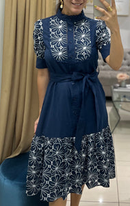 GRACIA-Floral Embroidery Navy Midi Dress