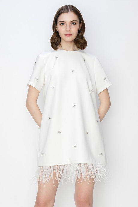 Short Sleeve Jeweled Feather Hem Mini Dress