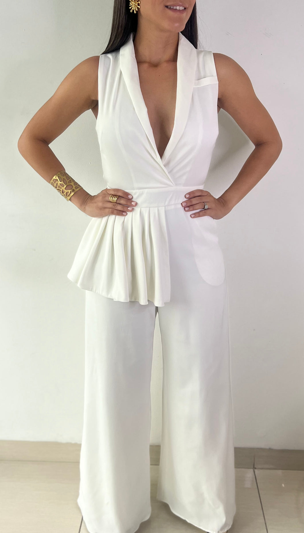 Collar Neck Side Ruddle Jumpsuit