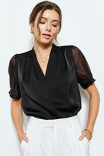 Load image into Gallery viewer, Sheer Puff Sleeve Satin V-neck Blouse