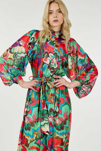 Whimsical Abstract Floral Print Bubble Sleeves Dress