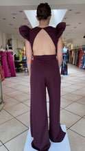 Load image into Gallery viewer, Padded Ruffle shoulder v neckline satin jumpsuit