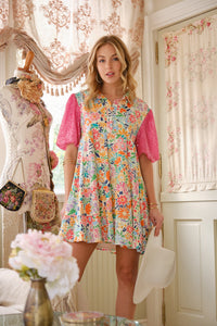 Floral Poplin Sequin Puffy Sleeves Dress