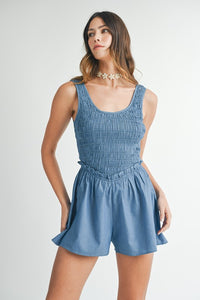 Smocked Corset Denim Romper