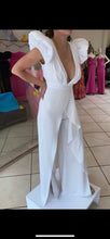 Load image into Gallery viewer, Padded  Ruffle Shoulder v neckline satin jumpsuit