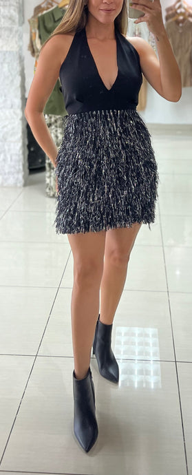 Halter metallic fur skirt mini dress