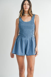 Smocked Corset Denim Romper