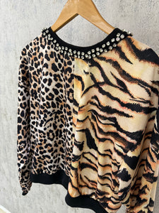 Color Block Animal Print Bling Neck Sweater