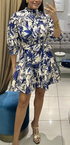 Floral Print Bubble Sleeve High Neck Dress