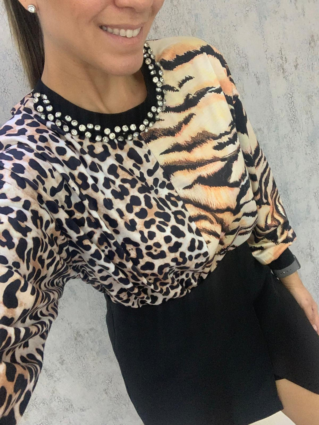 Color Block Animal Print Bling Neck Sweater