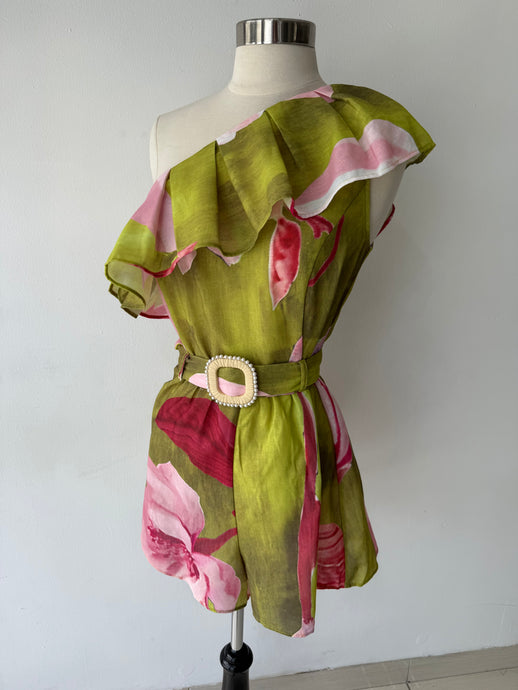 One Shoulder Tropical Romper