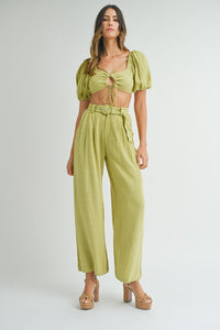 Puff Sleeves Cut Out Linen Set