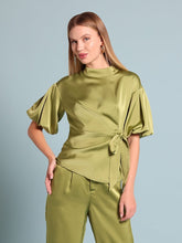 Load image into Gallery viewer, GRACIA-Side Twist Knot Mock Neck Puff Sleeve Satin Top &amp; Pant Set