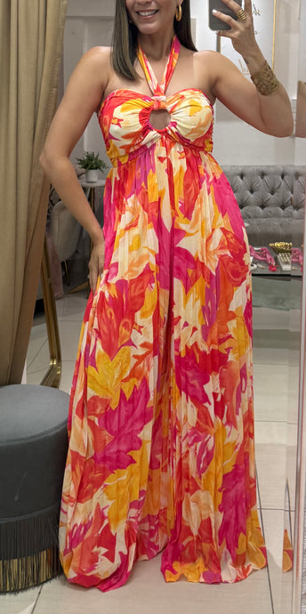 Pleated Halter Neck Wide Leg Jumpsuit