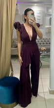 Load image into Gallery viewer, Padded Ruffle shoulder v neckline satin jumpsuit