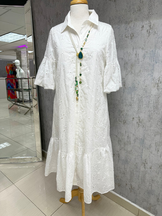 GRACIA-Eyelet Midi Bubble Sleeves Dress