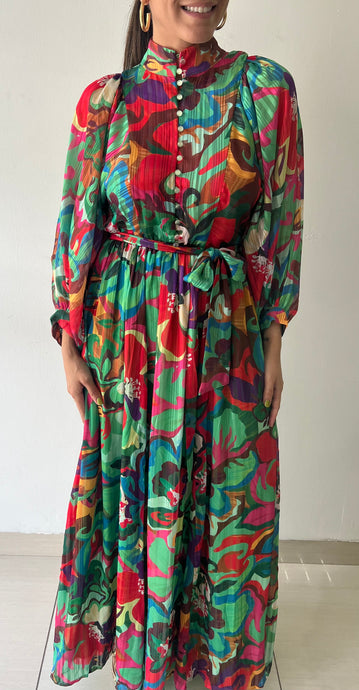 Whimsical Abstract Floral Print Bubble Sleeves Dress