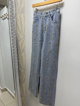 Load image into Gallery viewer, Washed Rhinestone Studded Fringe Denim Jeans