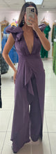 Load image into Gallery viewer, Padded Ruffle shoulder v neckliner satin jumpsuit