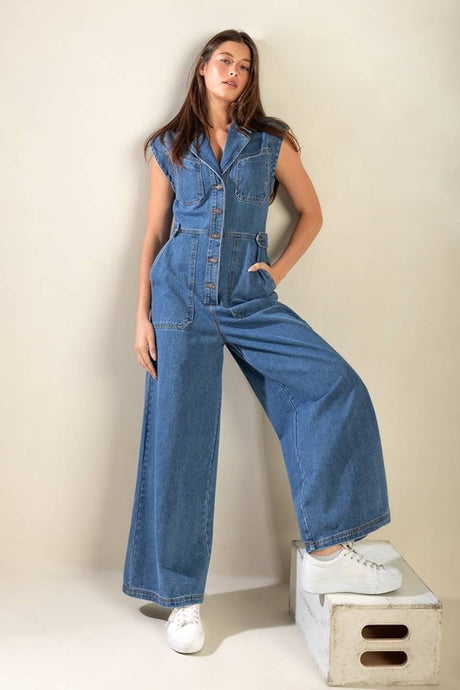 Button Down Denim Jumpsuit