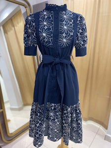 GRACIA-Floral Embroidery Navy Midi Dress