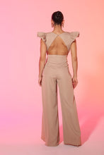 Load image into Gallery viewer, Padded Ruffle shoulder v neckline satin jumpsuit