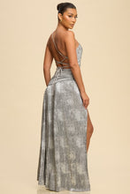 Load image into Gallery viewer, Metallic Goddess Asymmetric Maxi Dress