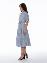 Load image into Gallery viewer, GRACIA-Contrast Striped Tie-Belted High Neck Dress