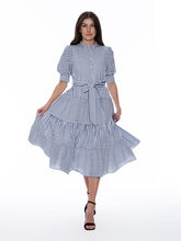 Load image into Gallery viewer, GRACIA-Contrast Striped Tie-Belted High Neck Dress