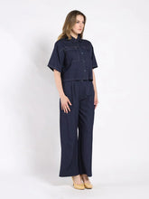 Load image into Gallery viewer, GRACIA-Stitched Denim Short Sleeved Button-Down Top &amp; Pants Set