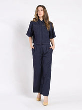 Load image into Gallery viewer, GRACIA-Stitched Denim Short Sleeved Button-Down Top &amp; Pants Set