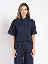 Load image into Gallery viewer, GRACIA-Stitched Denim Short Sleeved Button-Down Top &amp; Pants Set