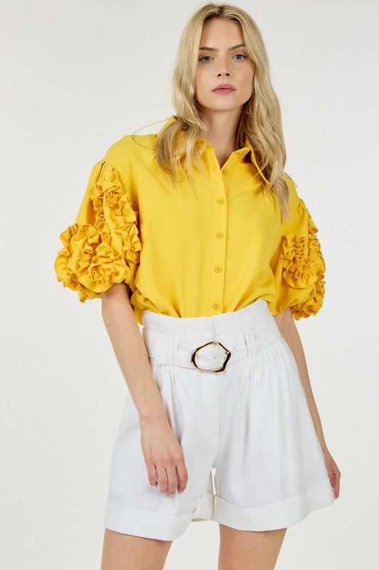 Ruffled Puff Sleeve Button Down Blouse