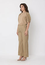 Load image into Gallery viewer, Eyelet sleeve and solid body crew neck top &amp; eyelet embroidered wide-Leg pants set