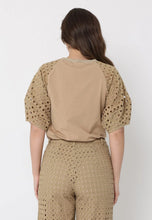 Load image into Gallery viewer, Eyelet sleeve and solid body crew neck top &amp; eyelet embroidered wide-Leg pants set