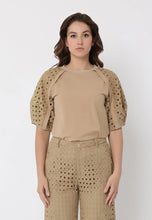 Load image into Gallery viewer, Eyelet sleeve and solid body crew neck top &amp; eyelet embroidered wide-Leg pants set