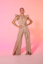 Load image into Gallery viewer, Padded Ruffle shoulder v neckline satin jumpsuit