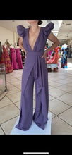 Load image into Gallery viewer, Padded Ruffle shoulder v neckliner satin jumpsuit