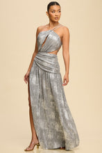 Load image into Gallery viewer, Metallic Goddess Asymmetric Maxi Dress