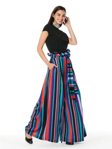 GRACIA-Tie-Waist Wide Leg Striped Paper Bag Pants