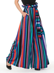 GRACIA-Tie-Waist Wide Leg Striped Paper Bag Pants