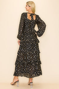 Puff Sleeved Star Printed Maxi Dress